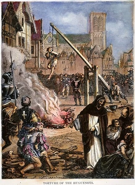HUGUENOT PERSECUTION. The persecution of Huguenots in France before the Edict of Nantes, 1598: wood engraving, late 19th century