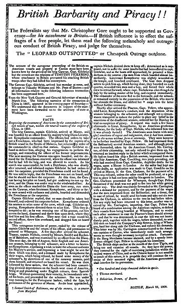 IMPRESSMENT OF SEAMEN, 1808. British Barbarity and Piracy!! Broadside printed in Boston