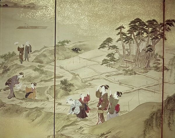 JAPAN: LANDSCAPE, c1600. A Shinto shrine in the middle of rice paddies