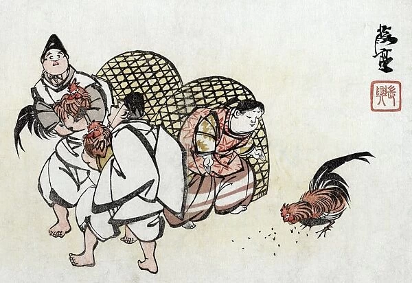 JAPAN: ROOSTERS, 1859. Two men holding fighting roosters while a woman feeds a
