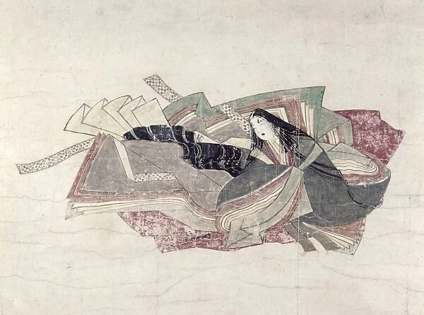 Japanese Waka poet and noble of the middle Heian period. Fragment from the Thirty-Six Immortal Poets Scroll. Color on paper, early-13th century, attributed to Fujiwara Nobuzane