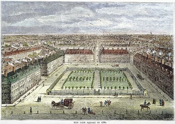 LONDON, 1780. Red Lion Square in London as it looked in 1780: wood engraving, English, 19th century