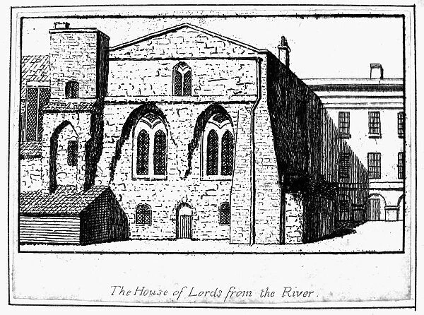 LONDON: HOUSE OF LORDS. Exteror view of the House of Lords (also known as the White Chamber), Westminster Hall, London, England, viewed from the River Thames. Line engraving, English, 18th century