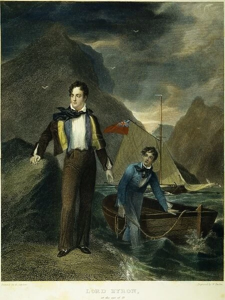 LORD BYRON at the age of 19. Steel engraving, English, 1830, after a painting by George Sanders