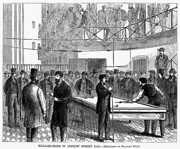 LUDLOW STREET JAIL, 1868. The billiard room in the Ludlow Street Jail, situated at the corner of Ludlow Street and Essex Market Place, New York City. Wood engraving from an American newspaper of 1868