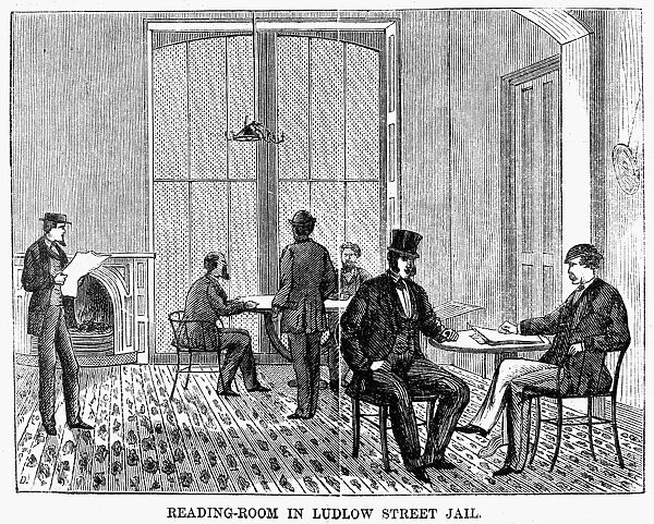 LUDLOW STREET JAIL, 1868. The reading room in the Ludlow Street Jail, situated at the corner of Ludlow Street and Essex Market Place, New York City. Wood engraving from an American newspaper of 1868