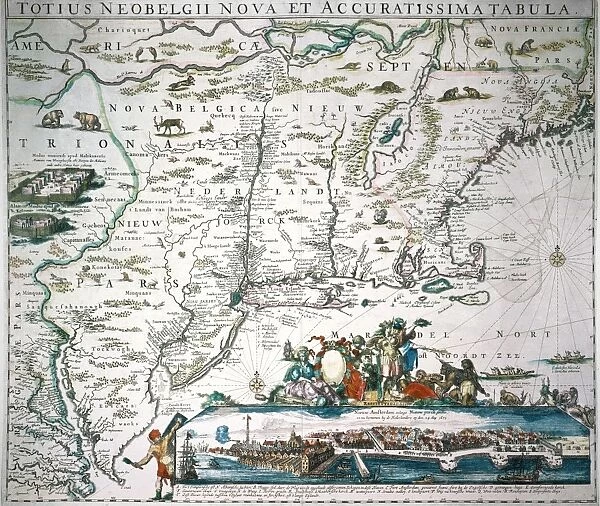 NEW NETHERLAND MAP. Hugo Allards New and Exact Map of All New Netherland from Chesapeake Bay to Penobscot Bay, with an inset view of New Amsterdam, 1673
