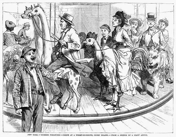 NEW YORK: CONEY ISLAND. Summer Pleasures - Scene at a Merry-Go-Round, Coney Island. Wood engraving from an American newspaper of 1883