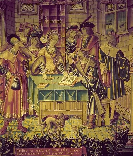 Noblewoman receives lesson in counting. Flemish tapestry, 1520
