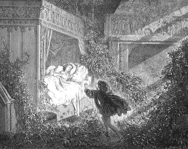 PERRAULT: SLEEPING BEAUTY. The prince discovering Sleeping Beauty. Wood engraving after Gustave Dore from an 1867 edition of the fairy tale by Charles Perrault (1628-1703)