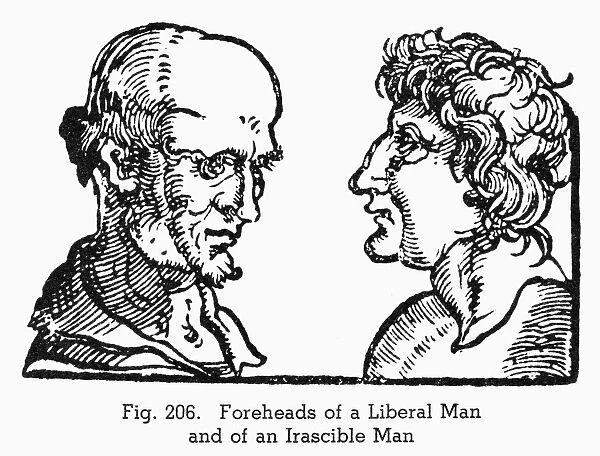 PHYSIOGNOMY, 1533. Foreheads of a liberal man (left) and of an irascible man. Woodcut
