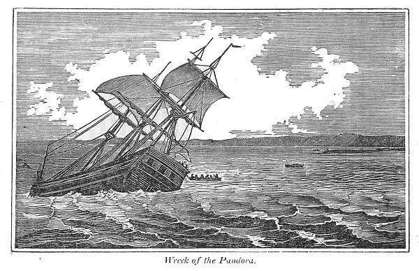PITCAIRN ISLAND. Wreck of HMS Pandora on the Great Barrier Reef off Australia, Aug. 28, 1791, while searching for the mutineers of HMS Bounty. Wood engraving, 1855