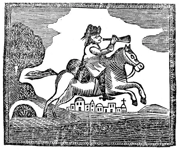 POST RIDER, c1750. Woodcut device used by the Boston Post Boy newspaper, c1750
