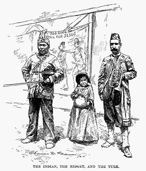 SALVATION ARMY SIDESHOW. Three soldiers, a Native American, a dwarf, and a Turk, perform a musical sideshow at a Salvation Army meeting at Lake Bluff, Illinois. Wood engraving, American, 1894