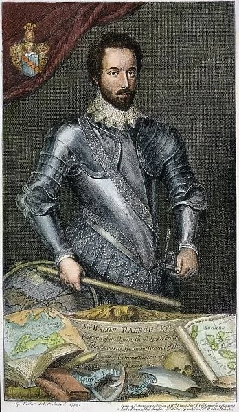 SIR WALTER RALEIGH (1552-1618). English adventurer, courtier, and writer. Line engraving, 1735, by George Vertue