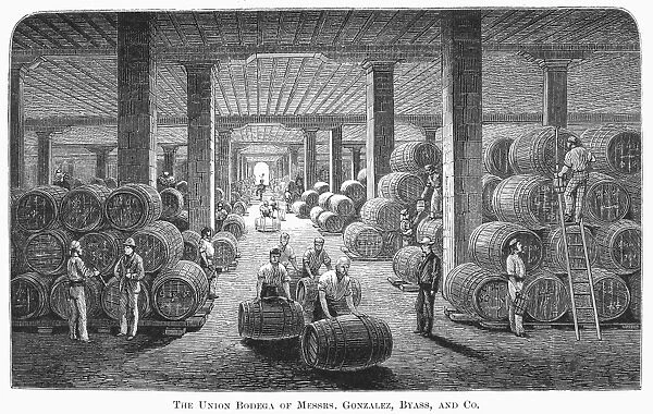 SPAIN: WINERY. The Union Bodega of Messrs. Gonzales, Byass, and Co. Winery in Jerez, Spain. 19th century engraving
