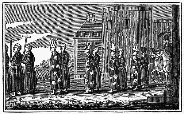 SPANISH INQUISITION. A procession of those condemned by the Inquisition in Spain. Wood engraving from an 1832 American edition of John Foxes Book of Martyrs
