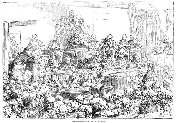 TICHBORNE TRIAL, 1871. The trial in England of Sir Roger Tichborne, left. Line engraving, English, 1871