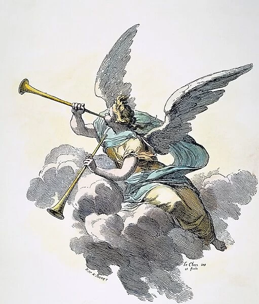 TRUMPETING ANGEL, 19th C. Wood engraving, French