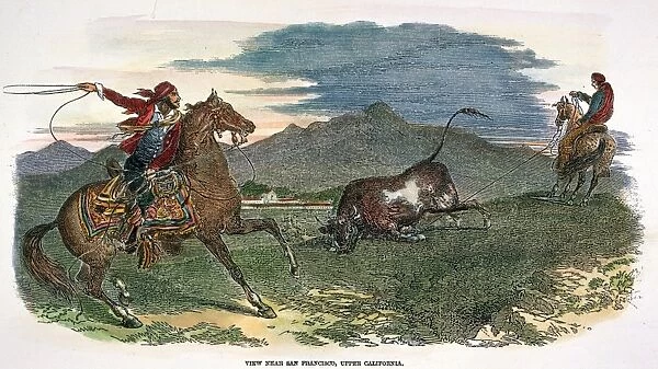 VAQUEROS, 1849. Lassoing a stray steer near San Francisco, California. Line engraving, 1849, after a lithograph of 1839