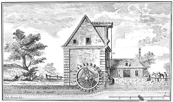 WATER-POWERED FLOUR MILL. Line engraving, French, 18th century