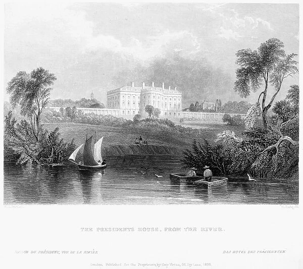 WHITE HOUSE, 1839. View of the White House from the Potomac River. Steel engraving, 1839, after William Henry Bartlett