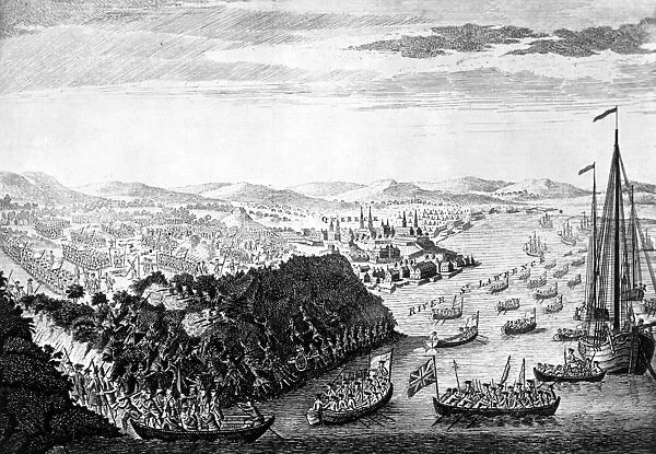 WOLFE AT QUEBEC, 1759. A view of the taking of Quebec by the English forces commanded by General James Wolfe, 13 September 1759. Line engraving, English, 1760