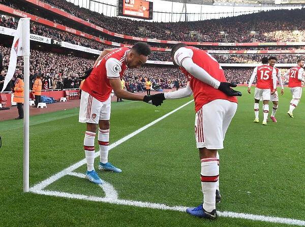 Arsenal's Aubameyang and Lacazette Celebrate Goals Against Chelsea in Premier League Clash (Arsenal v Chelsea 2019-20)