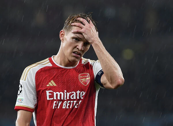 Arsenal's Martin Odegaard Reacts After Champions League Clash Against PSV Eindhoven (2023-24)