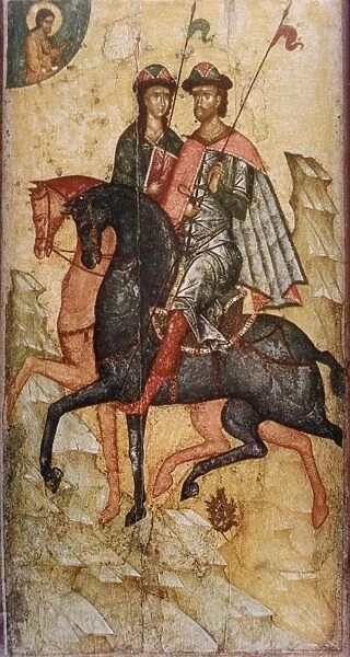 14th century russian icon depicting saint boris and saint gleb on horseback