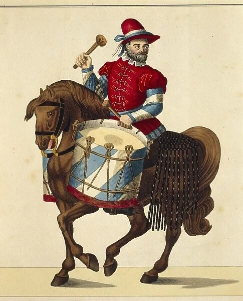 16th Century German drummer wearing colors of bavaria, print, 1842