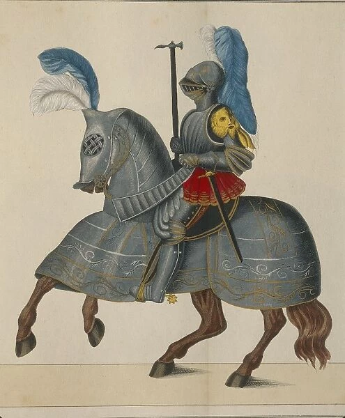 16th Century German Knight in full amour scoring, print, 1842