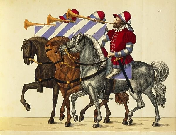 16th Century German trumpet players wearing colors of Bavaria accompanying knights at tournament, print, 1842