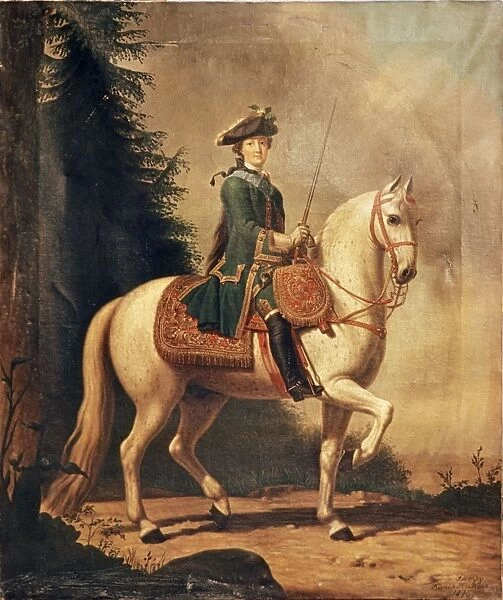 An 1875 copy of a painting of catherine the great on horseback by v, eriksen, 1762