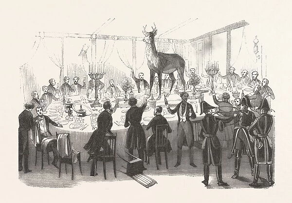 19th Century Dinner Party After The Hunt. Engraving 1800s