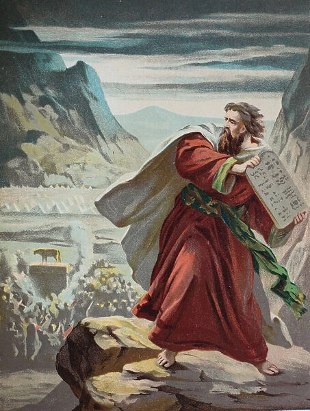 490362. Moses breaking the law tablets, chromolithpraph from a home bible, 1870