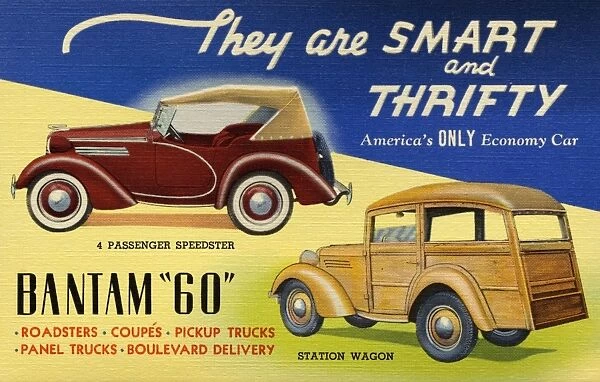 Advertisement for American Bantam Cars. ca. 1938, For Business or Pleasure. TRAVEL AT 1  /  2 CENT PER MILE. Bantam prices begin at $399 for the Standard Coupe delivered complete at the factory including full equipment and Federal Taxes. The American Bantam Car Company, BUTLER, PA