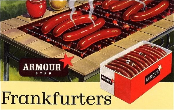 Advertisement for Armour Hot Dogs. ca. 1946, Original caption: On the front of this card you will note a full color reproduction of one of our current frankfurter wall posters. The art work and designs for this poster were done by one of Americas leading artists, the printing by a plant recognized as one of the best in its field. This poster measures approximately 65 x43. It is an effective means for stimulating additional sales and interest on the part of your customers. If you would like to have one of these posters installed over your Meat Department in your store without obligation on your part write to: Merchandising Department, ARMOUR and Company. U. S. YARDS, CHICAGO 9, ILLINOIS