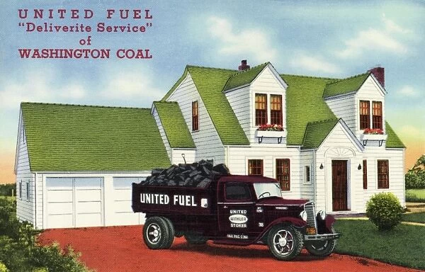 Advertisement for Coal Delivery Service. ca. 1941, Denver, Colorado, USA, UNITEDs DELIVERITE SERVICE Eliminates Fuel Handling Worries. Careful, painstaking coal deliveries in shining, dual tired trucks by courteous and experienced drivers relieves Denver coal users of hundreds of needless tasks. UNITED FUEL Carries All Leading Quality Brands, including the new WASHINGTON Hydraulic Mined Lignite. WINKLER STOKER DISTRIBUTORS 1729 CALIFORNIA ST. Keystone 6391, DENVER, COLORADO