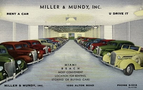 Advertisement for Rental Car Service. ca. 1937, Miami Beach, Florida, USA, Advertisement for Rental Car Service
