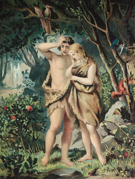 Adam and eve in paradies, chromolithpraph from a home bible, 1870