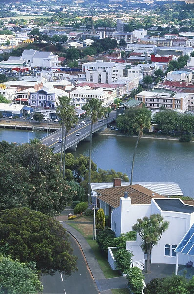 Aerial view of Wanganui and the city bridge from Durie Hill, South of the North Island, New Zealand
