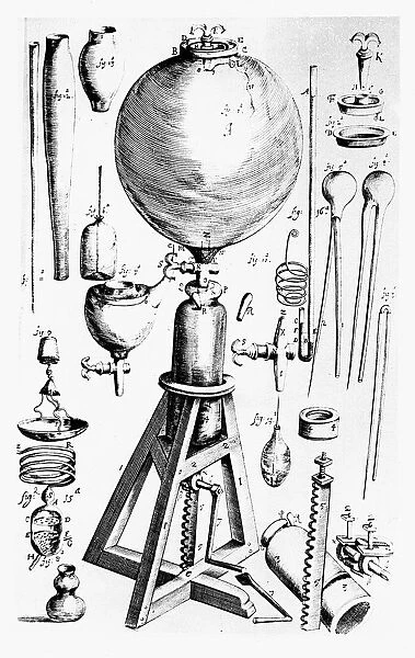 Air pump built for Robert Boyle (1627-91) by Robert Hooke. From Boyles New Experiments
