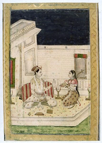 Album of Ragamala. Dipaka (light) Raga: On a terrace lit by torches, a lover listens