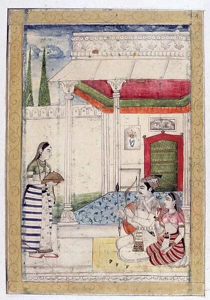 Album of Ragamala. Servant brings refreshment to lovers on terrace by pavilion. Bow