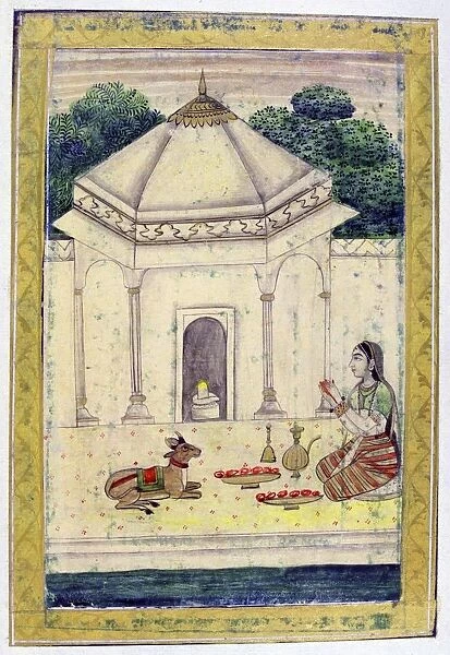 Album of Ragamala. Young woman prays at the shrine of Shiva. As chief Hindu god