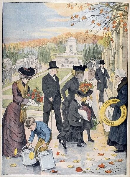 All Saints Day: Familiy visiting cemetery with flowers. From Le Petit Journal, Paris