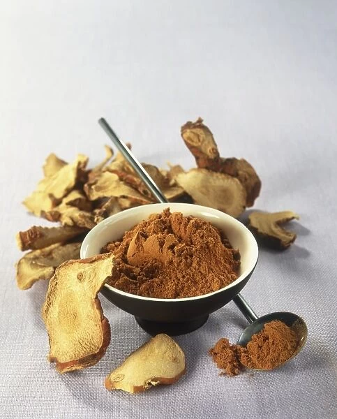Alpina officinarum (Lesser galangal), dried and sliced, and powdered in bowl and spoon