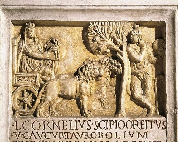 Altar dedicated to Cybele and Attis, Relief portraying Cybele on wagon pulled by lions and Attis leaning on sacred pine