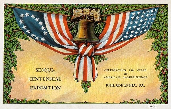 American Flags and Liberty Bell. ca. 1926, Philadelphia, Pennsylvania, USA, Sesqui-Centennial International Exposition. Greetings from Philadelphia. The Cradle of Liberty in Celebration of 150 Years of American Independence June 1 to December 1926